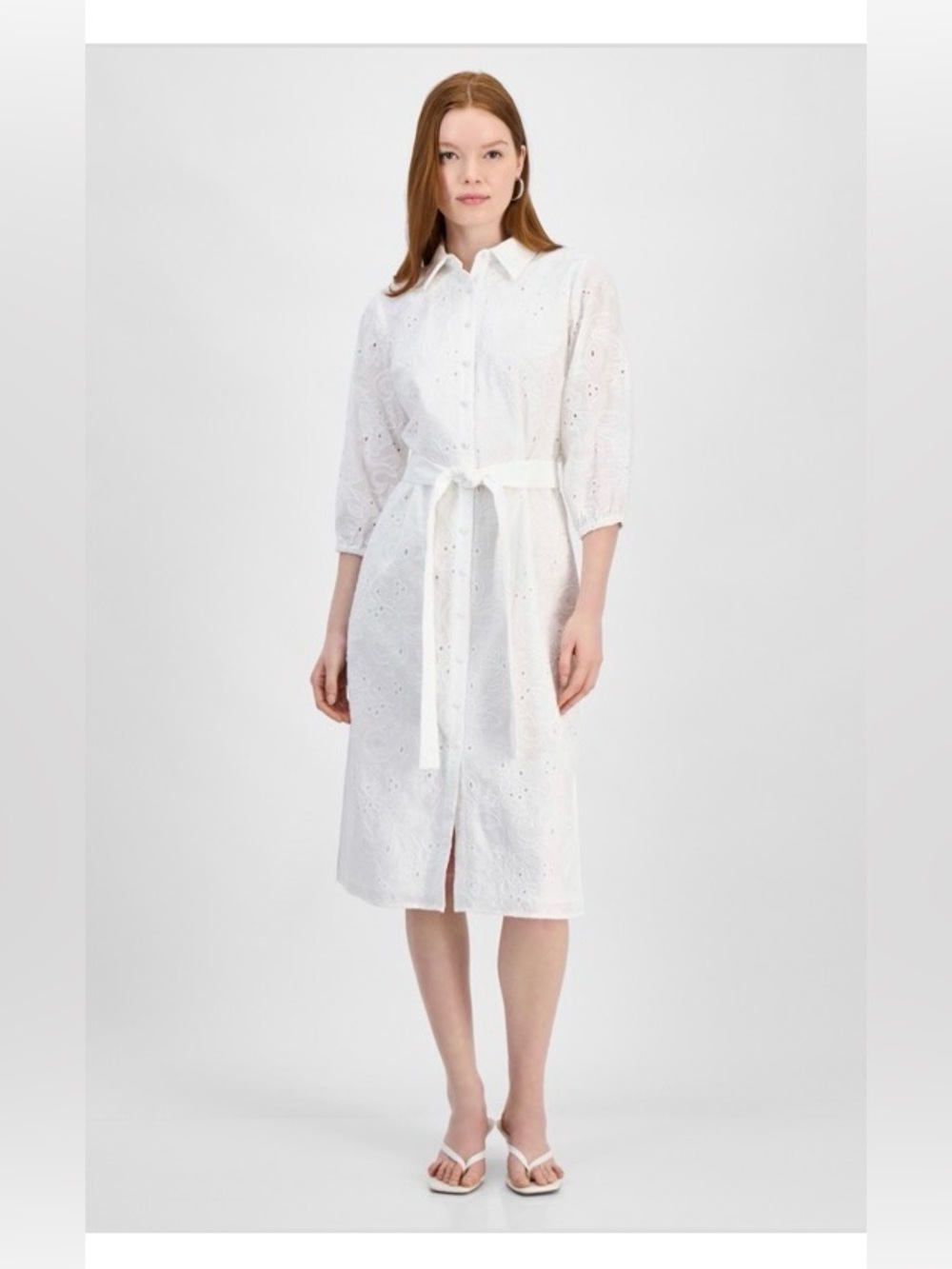 T Tahari Women's Embroidered Eyelet Belted Shirtdress